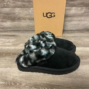 UGG | Cluggette Leopard Sheepskin Suede Fur Slippers Indoor Outdoor Black NEW
